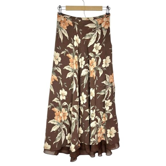 Vintage Silk Maxi A-Line Skirt Womens Sz 8 Brown cream Floral Lined Midi Flowy - Picture 6 of 16